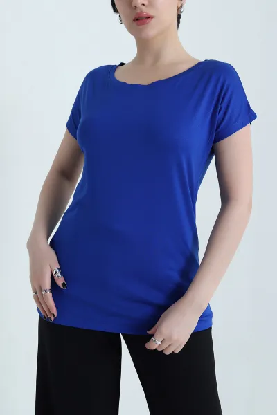 Saks Mavisi Geniş Yaka Kadın Tişört 455062
