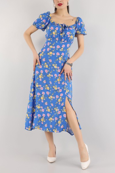 Saks Mavisi Gipeli Desenli Dokuma Viskon Elbise 167300