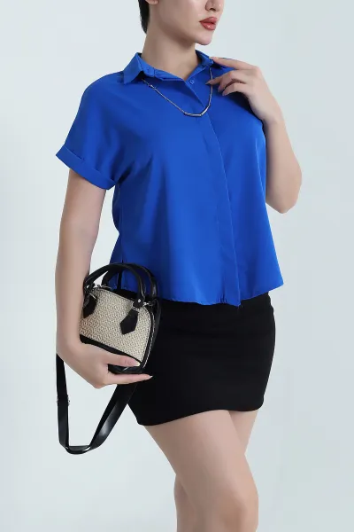 Saks Mavisi Gizli Patlı Kolyeli Kadın Jessica Gömlek 470004
