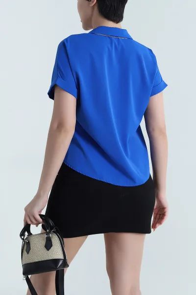 Saks Mavisi Gizli Patlı Kolyeli Kadın Jessica Gömlek 470004