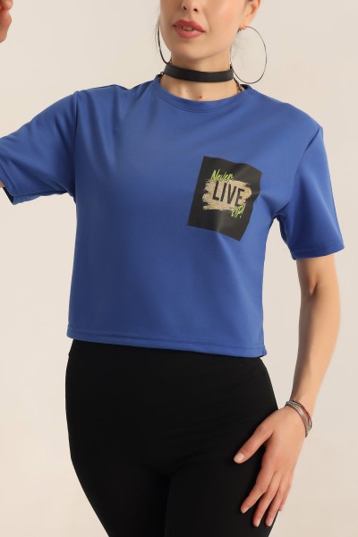 Saks Mavisi İki İp Baskılı Bayan Tişört 185333