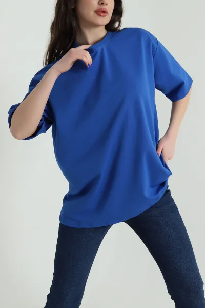 Saks Mavisi İki İp Bisiklet Yaka Kadın Oversize Tişört 423913