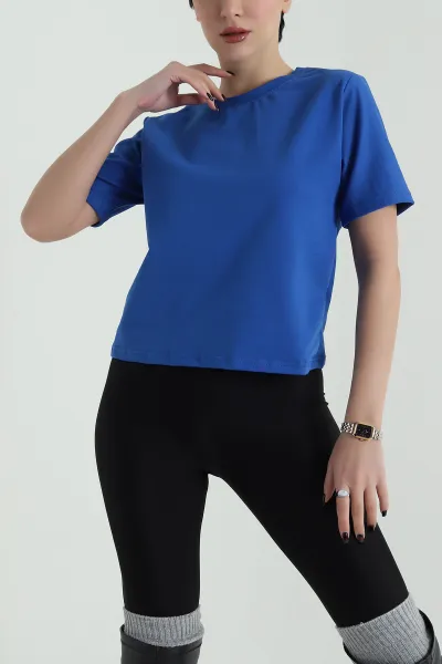 Saks Mavisi İki İp Bisiklet Yaka Kadın Tişört 424630