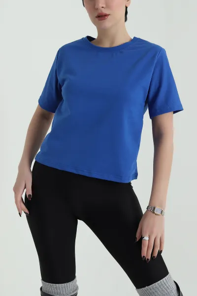 Saks Mavisi İki İp Bisiklet Yaka Kadın Tişört 424630