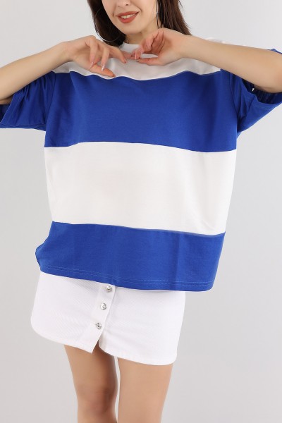 Saks Mavisi İki İp Oversize Bayan Tişört 166252