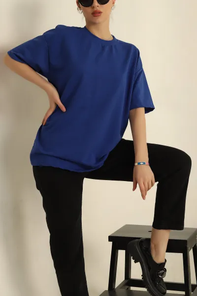 Saks Mavisi İki İp Oversize Bayan Tişört 259715