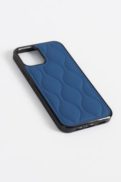 Saks Mavisi iPhone 12 Pro Uyumlu Pie Serisi Lüks Dikiş Desenli Telefon Kılıfı 348374
