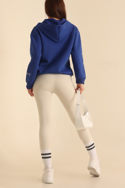 Saks Mavisi Kapüşonlu Şardonlu Bayan Sweat 217688
