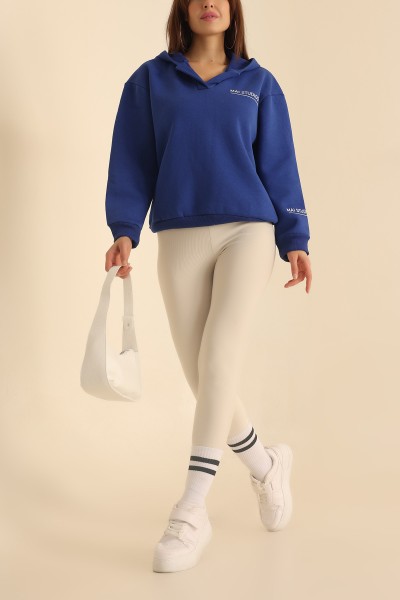 Saks Mavisi Kapüşonlu Şardonlu Bayan Sweat 217688
