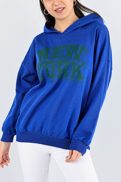 Saks Mavisi kapüşonlu Şardonlu Bayan Sweat 88351