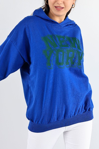 Saks Mavisi kapüşonlu Şardonlu Bayan Sweat 88351