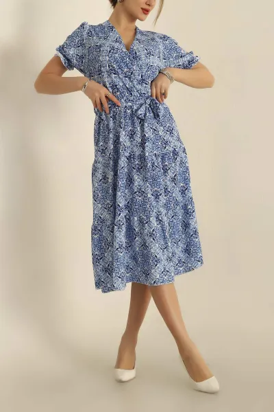 Saks Mavisi Kemerli Krinkıl Elbise 249174