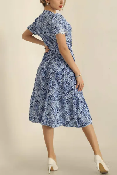 Saks Mavisi Kemerli Krinkıl Elbise 249174