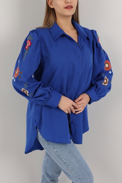 Saks Mavisi Kolları Nakışlı Poplin Gömlek 158429