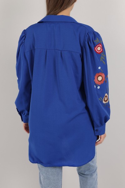 Saks Mavisi Kolları Nakışlı Poplin Gömlek 158429
