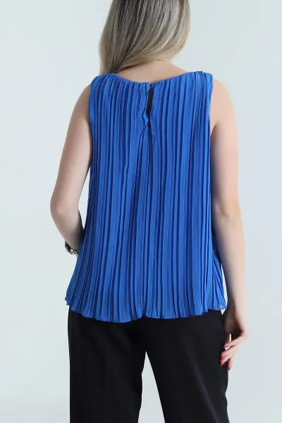 Saks Mavisi Kolyeli Pliseli Astarlı Şifon Kadın Bluz 463788
