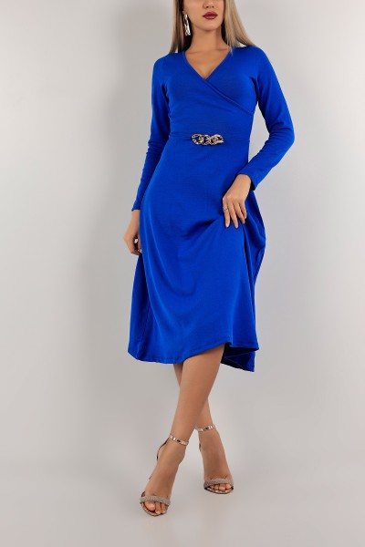 Saks Mavisi Kruvaze Yaka Kloş Triko Elbise 134084