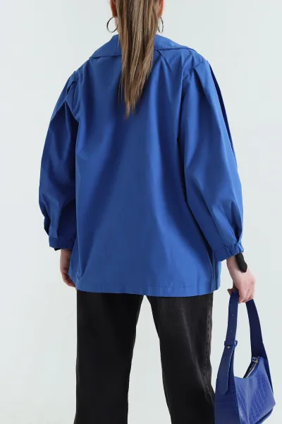 Saks Mavisi Kruvaze Yaka Oversize Trenç Kumaş Kadın Ceket 429808