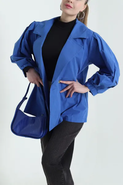 Saks Mavisi Kruvaze Yaka Oversize Trenç Kumaş Kadın Ceket 429808