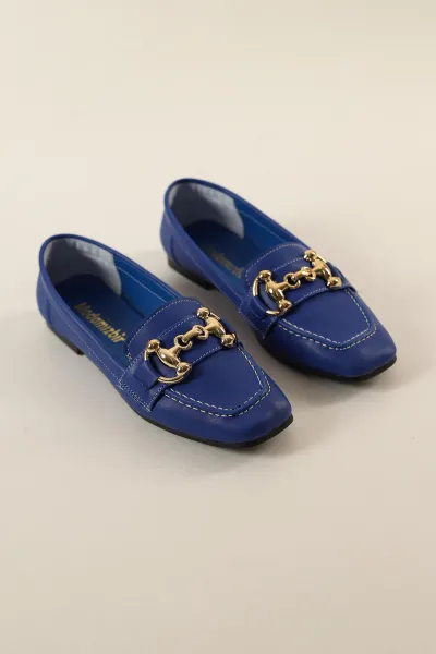 Saks Mavisi Küt Burunlu Gold Tokalı Babet Ayakkabı 269500