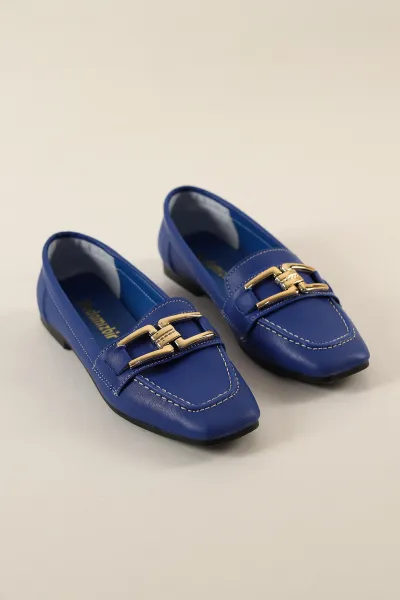 Saks Mavisi Küt Burunlu Gold Tokalı Babet Ayakkabı 269506