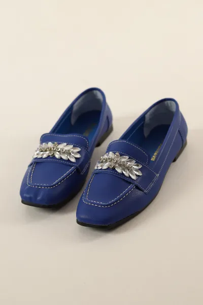 Saks Mavisi Küt Burunlu Taş Detaylı Babet Ayakkabı 269501