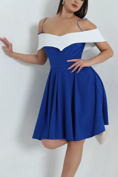 Saks Mavisi Likralı Crep Madonna Yaka Kadın Abiye 378725