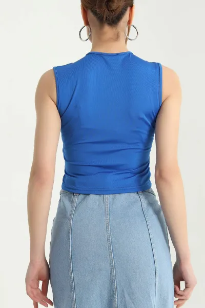 Saks Mavisi Likralı Fermuarlı Kolsuz Sandy Bluz Yelek 338357