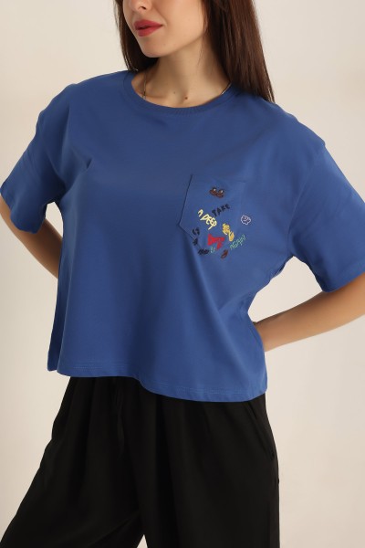 Saks Mavisi Nakışlı Süprem Bayan Tişört 187538