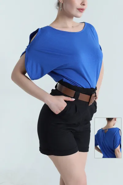 Saks Mavisi Omuz Dekolteli Bağlamalı Kadın Bluz 473335