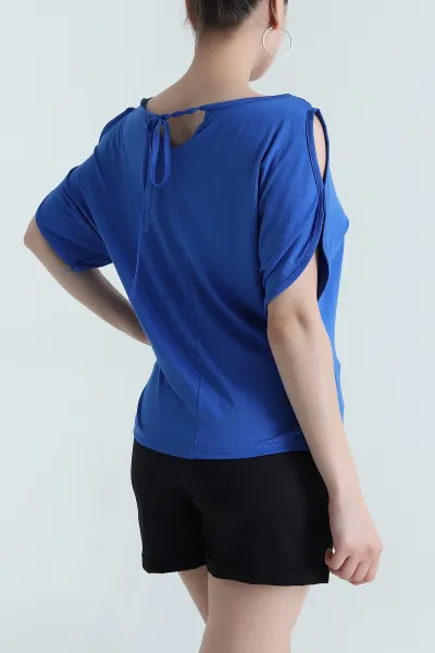 Saks Mavisi Omuz Dekolteli Bağlamalı Kadın Bluz 473335