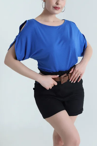 Saks Mavisi Omuz Dekolteli Bağlamalı Kadın Bluz 473335