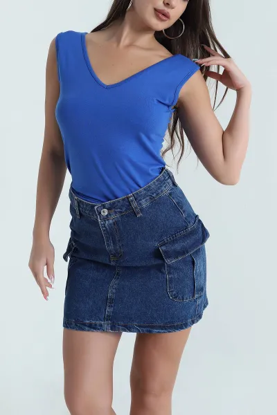 Saks Mavisi Ön Arka V Yaka Kadın Bluz 467697