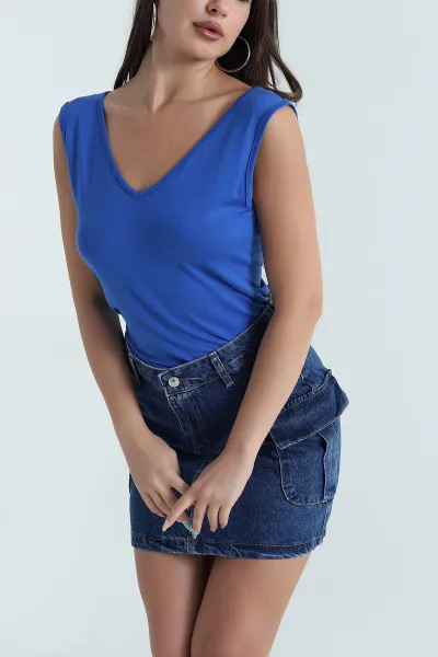 Saks Mavisi Ön Arka V Yaka Kadın Bluz 467697