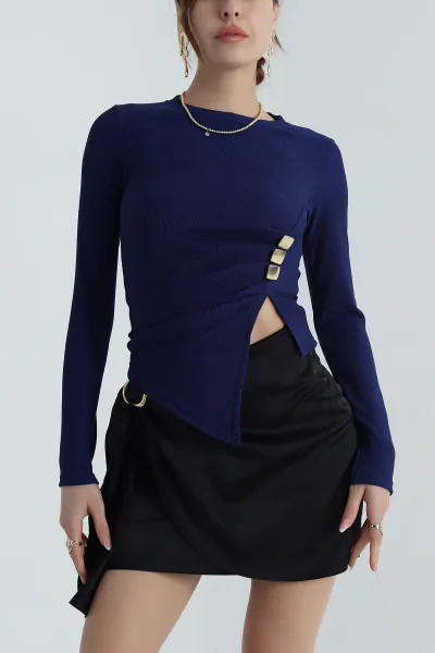 Saks Mavisi Ottoman Likralı Uzun Kol Kadın Bluz 396488