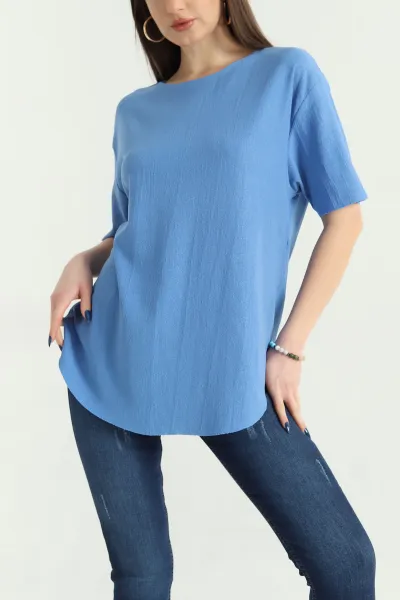 Saks Mavisi Oval Kesim Dokulu Tişört 337675