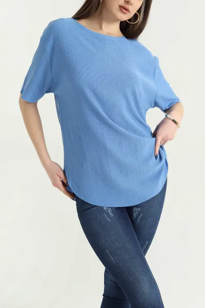 Saks Mavisi Oval Kesim Dokulu Tişört 337675