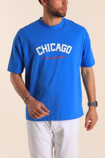 Saks Mavisi Oversize Chicago Baskılı Erkek Tişört 181408