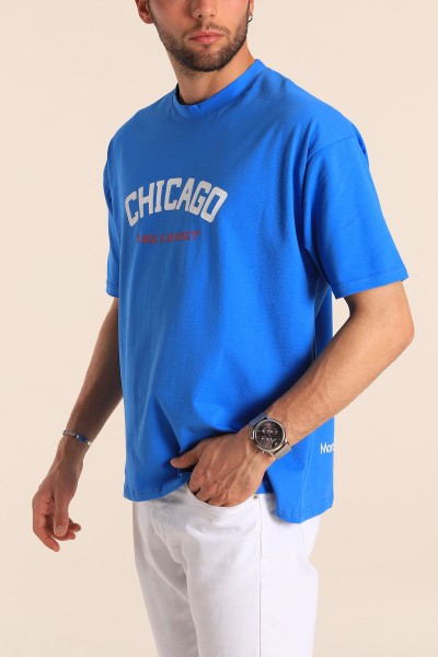 Saks Mavisi Oversize Chicago Baskılı Erkek Tişört 181408