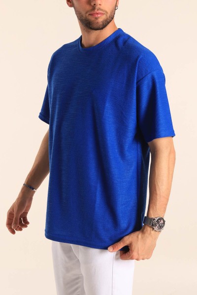 Saks Mavisi Oversize Dokulu Bisiklet Yaka Erkek Tişört 181434