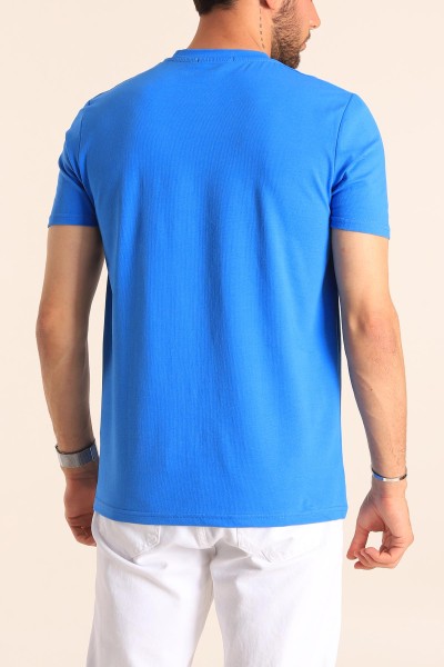 Saks Mavisi Oversize Göğüs Kabartma Yazılı Erkek Tişört 181426