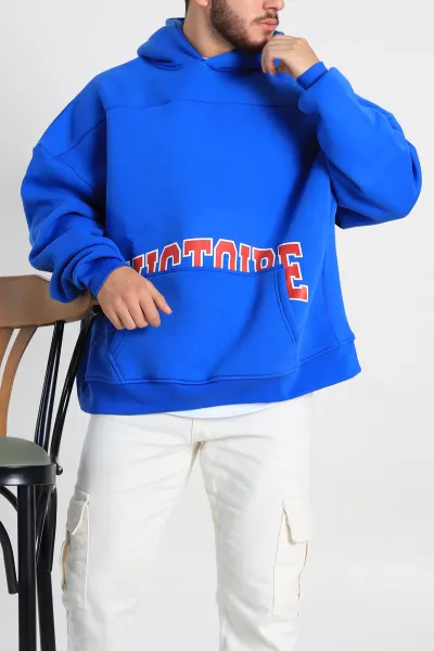 Saks Mavisi Oversize Üç İp Şardonlu Baskılı Kanguru Cepli Kapüşonlu Erkek Sweatshirt 307229