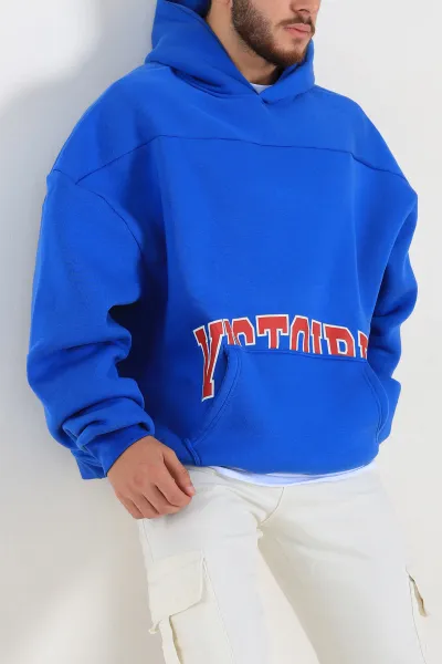 Saks Mavisi Oversize Üç İp Şardonlu Baskılı Kanguru Cepli Kapüşonlu Erkek Sweatshirt 307229