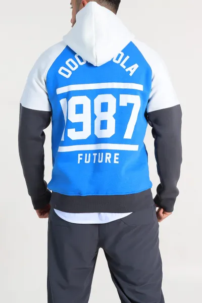 Saks Mavisi Oversize Üç İp Şardonlu Yazı Detaylı Kapüşonlu Erkek Sweatshirt 309199