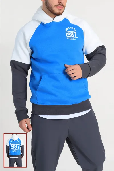 Saks Mavisi Oversize Üç İp Şardonlu Yazı Detaylı Kapüşonlu Erkek Sweatshirt 309199