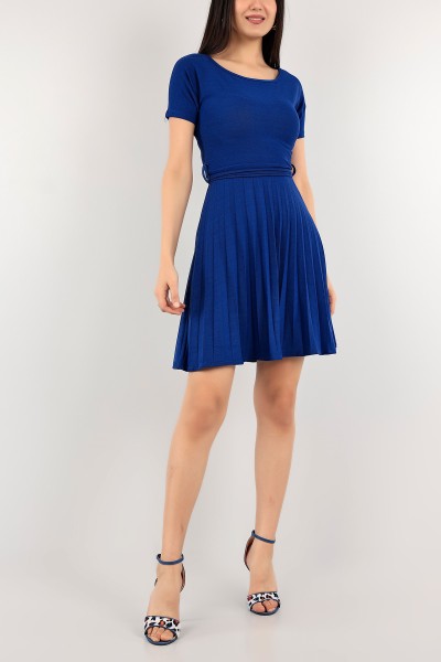 Saks Mavisi Pliseli Kemerli Elbise 110256