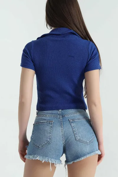Saks Mavisi Polo Yaka Fitilli Bluz 357929