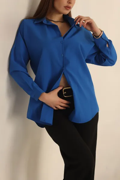 Saks Mavisi Poplin Dokuma Bayan Gömlek 234856