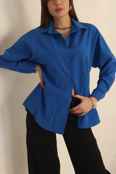 Saks Mavisi Poplin Dokuma Bayan Gömlek 234856