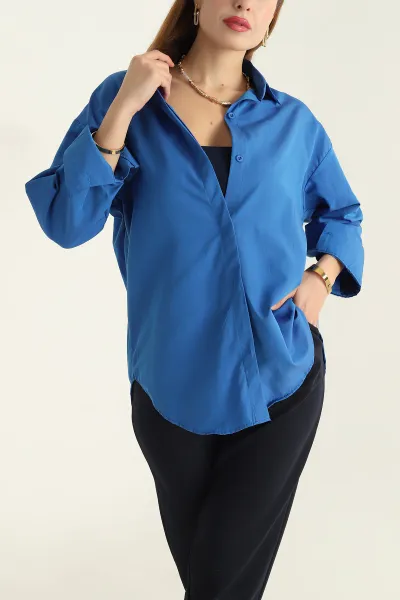 Saks Mavisi Poplin Kumaş Gizli Pat Kadın Gömlek 304523